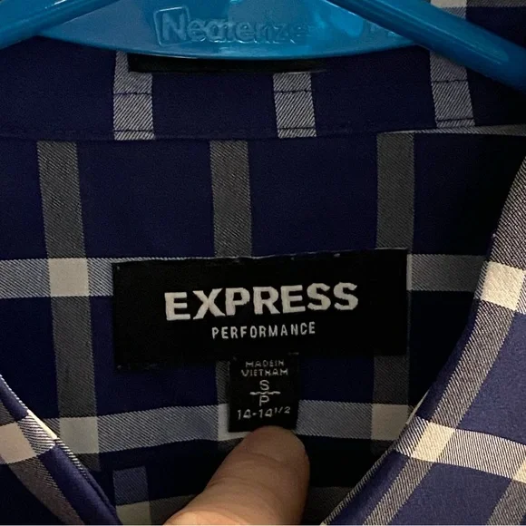 Express Men’s Performance Stretch Button Down, Size S, Navy/White Plaid - Picture 2 of 4